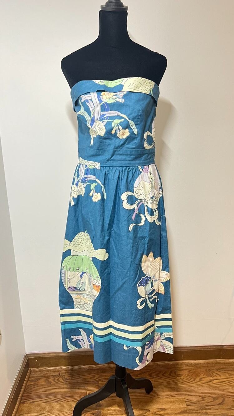VTG Blair Woolverton Blue Floral Print Strapless Tie Grosgrain Party Dress 12